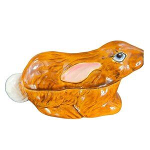 Hand Painted Ceramic Bunny Rabbit Covered Dish W Lid Signed 1980s Vintage Decor